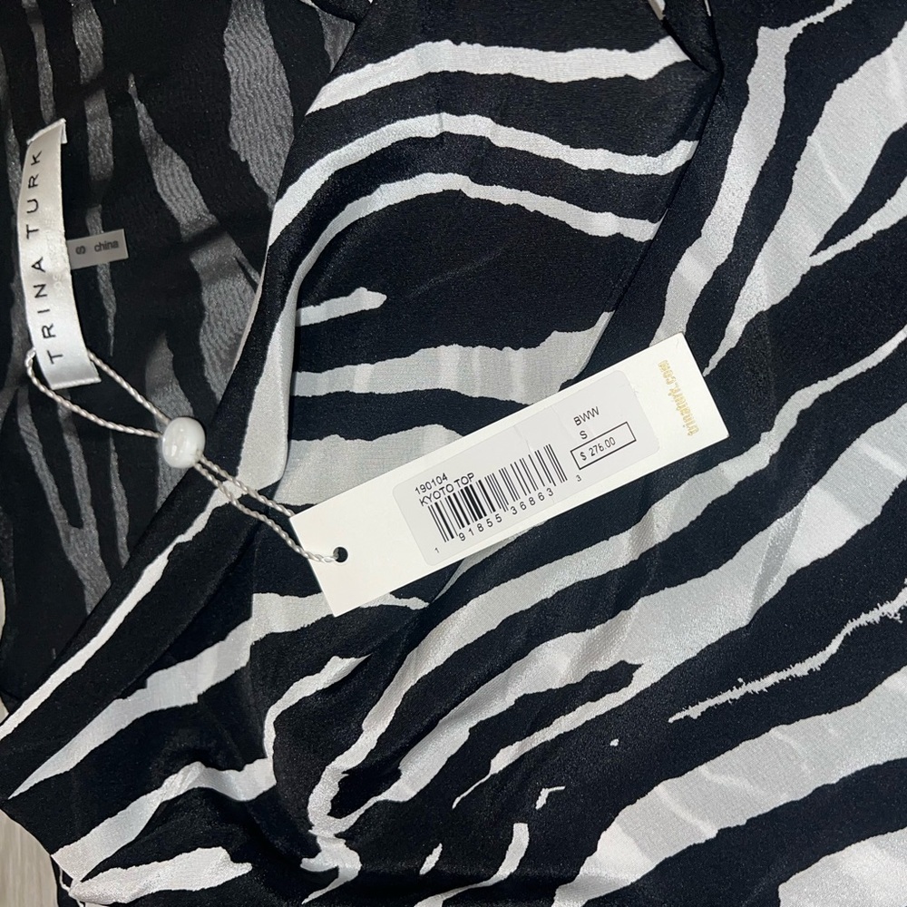 New TRINA TURK 100% Silk Zebra Print Kyoko Top Blouse Small Drape Neck MSRP $276 - Picture 3 of 6